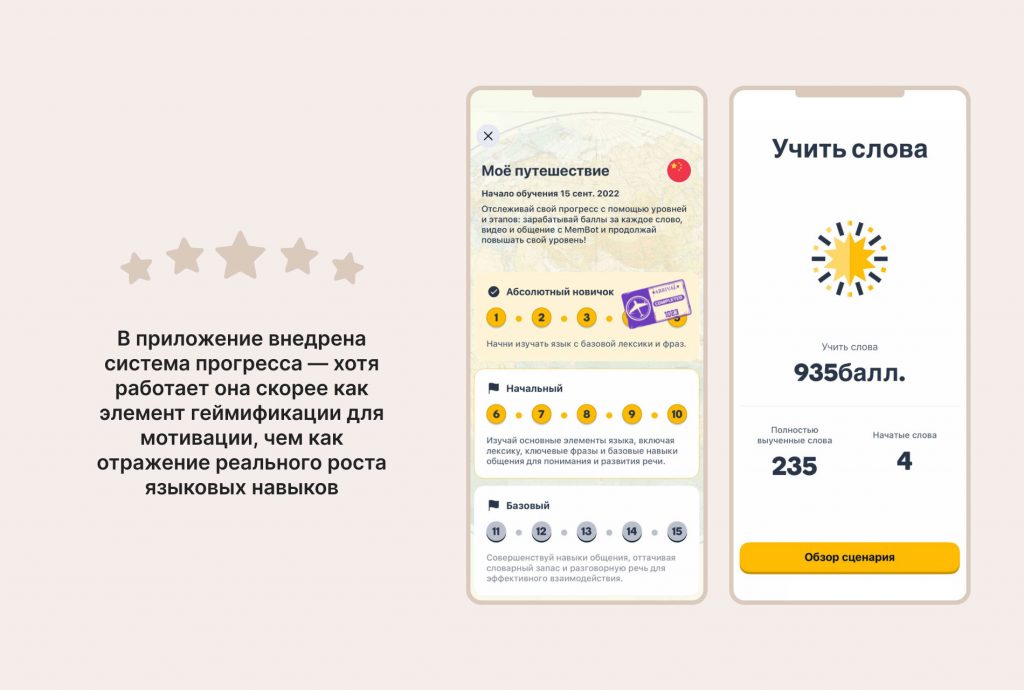 Скриншоты приложения Memrise с показателями прогресса